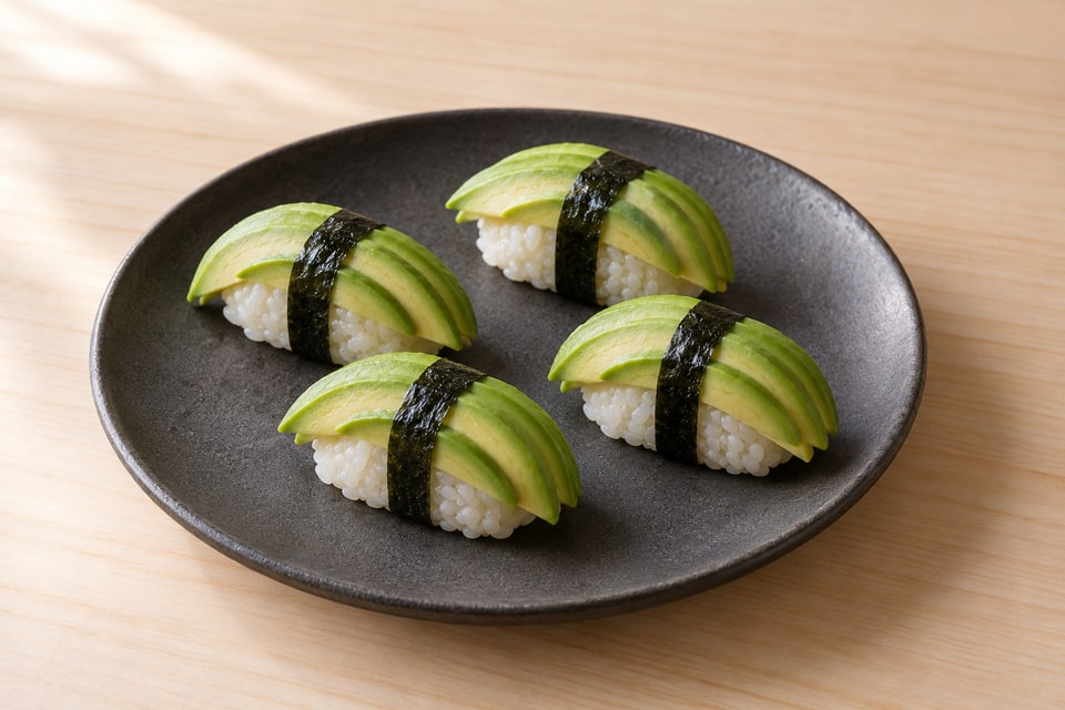 Avocado nigiri with thin overlapping slices and narrow nori belts on a charcoal plate. — AI recipe illustration