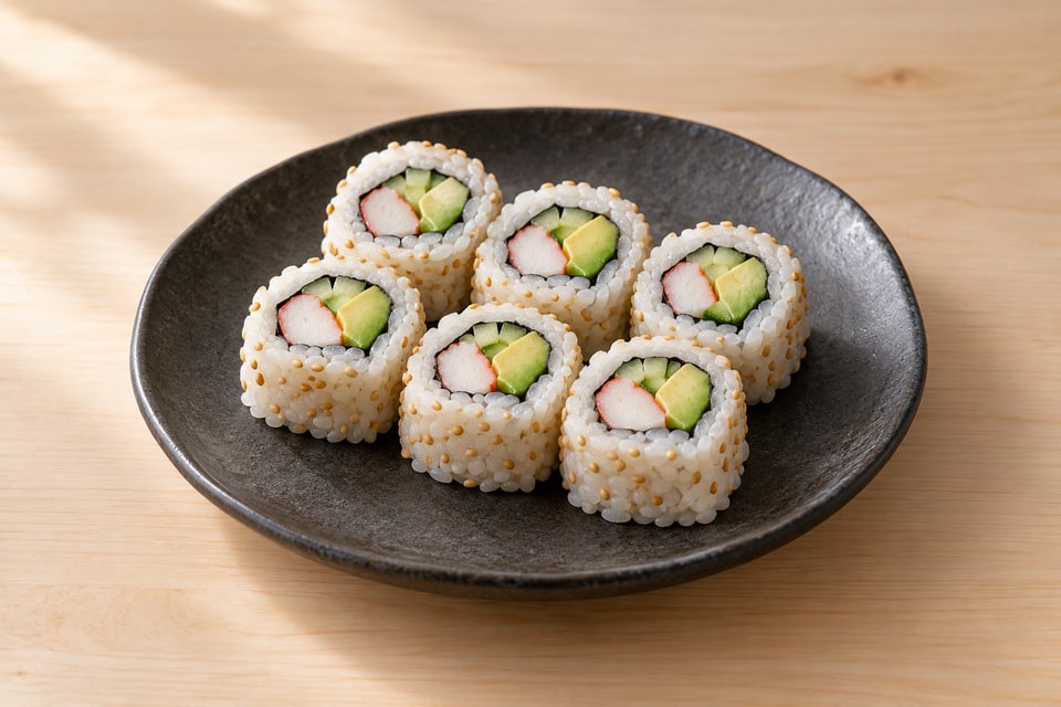 California roll pieces with cooked crab, cucumber and avocado inside sesame-covered rice. — AI recipe illustration