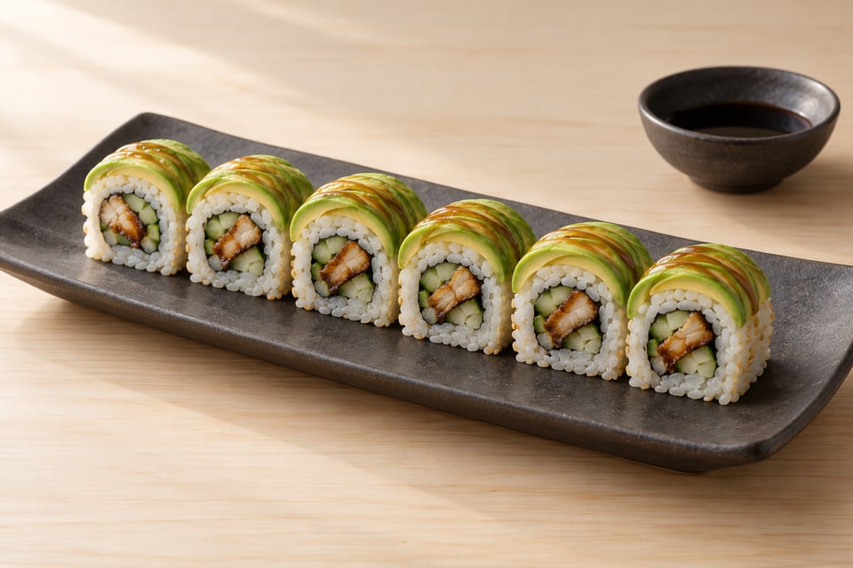 Caterpillar roll with cooked eel and cucumber inside and overlapping avocado on top. — AI recipe illustration