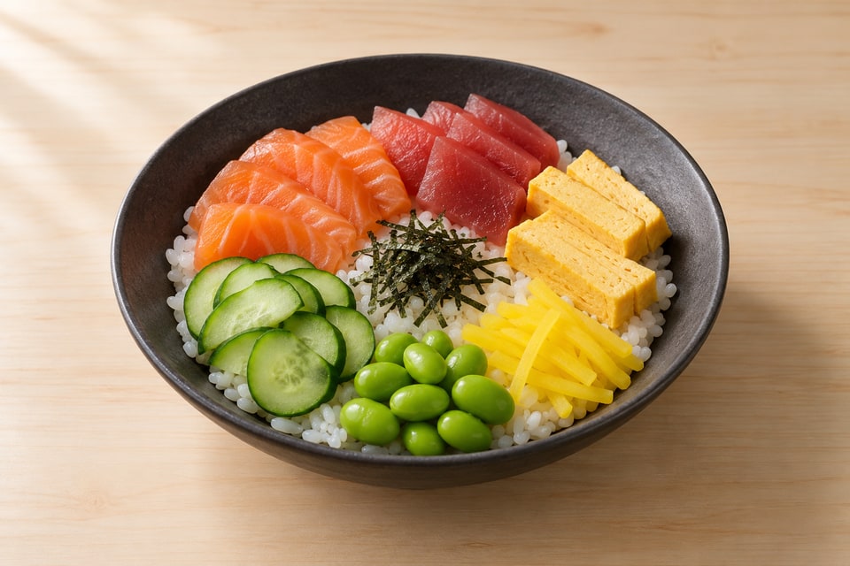 Chirashi bowl with separate groups of salmon, tuna, tamagoyaki, cucumber, edamame and pickled radish over rice. — AI recipe illustration