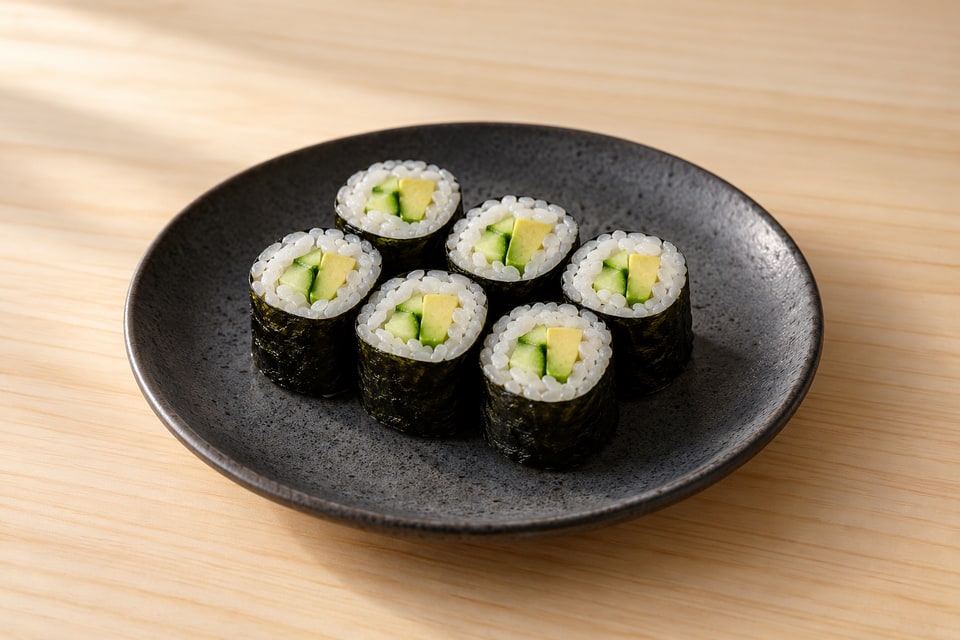 Nori-wrapped cucumber and avocado roll pieces with clear green centers. — AI recipe illustration