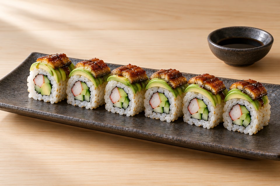 Dragon roll with cooked crab and cucumber inside and avocado and cooked eel on top. — AI recipe illustration