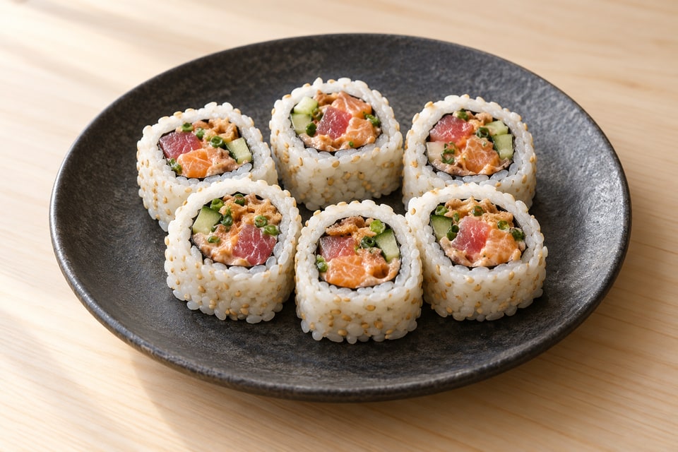 Dynamite roll with lightly dressed chopped tuna and salmon, cucumber and crisp onion inside sesame rice. — AI recipe illustration
