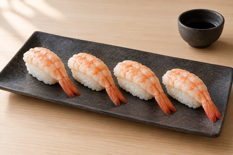 Cooked butterflied shrimp nigiri with opaque pink-white flesh and tails aligned. — AI recipe illustration