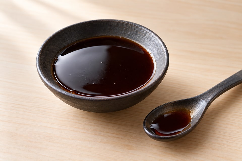 Glossy dark brown unagi tare in a charcoal ceramic bowl with a lightly coated spoon. — AI recipe illustration