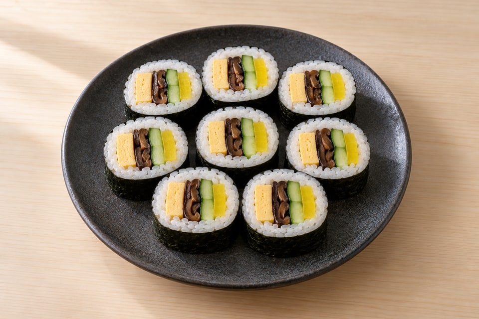 Futomaki cut faces showing cooked egg, shiitake, cucumber and pickled radish within nori. — AI recipe illustration