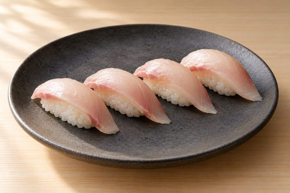 Raw yellowtail nigiri with pale ivory-pink fish draped over lightly shaped rice. — AI recipe illustration