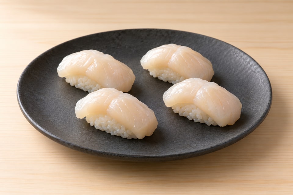 Pearly raw butterfly scallop nigiri resting on small white rice bases. — AI recipe illustration