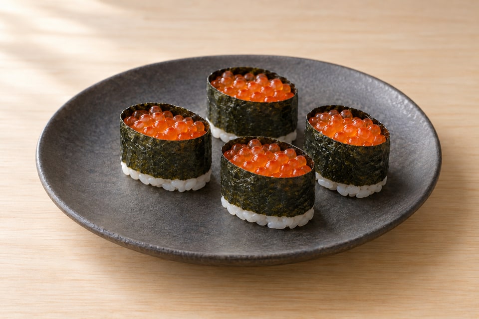 Salmon roe gunkan with intact orange eggs held in shallow nori collars. — AI recipe illustration