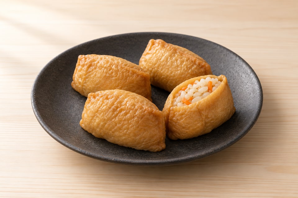 Soft seasoned inari tofu pockets filled with sesame and carrot sushi rice. — AI recipe illustration