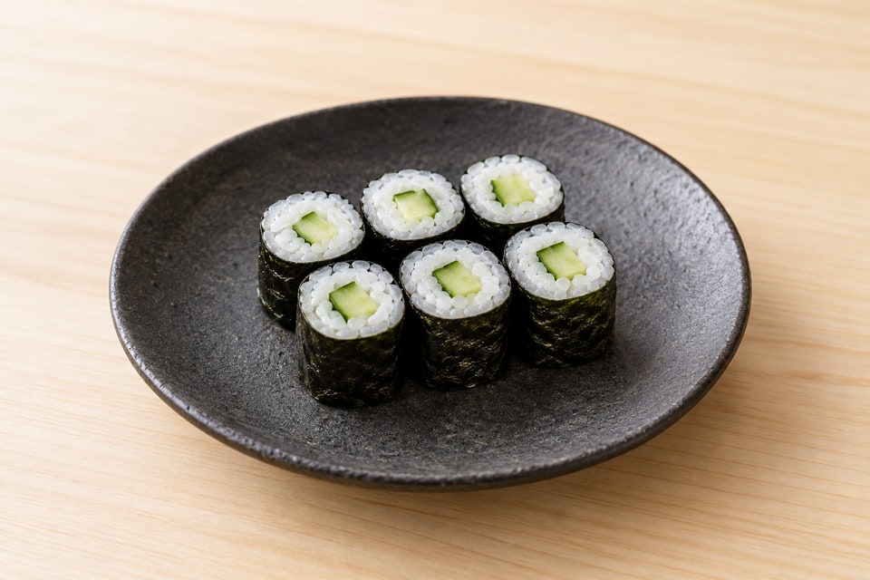 Slim cucumber maki with crisp green centers and a nori exterior. — AI recipe illustration