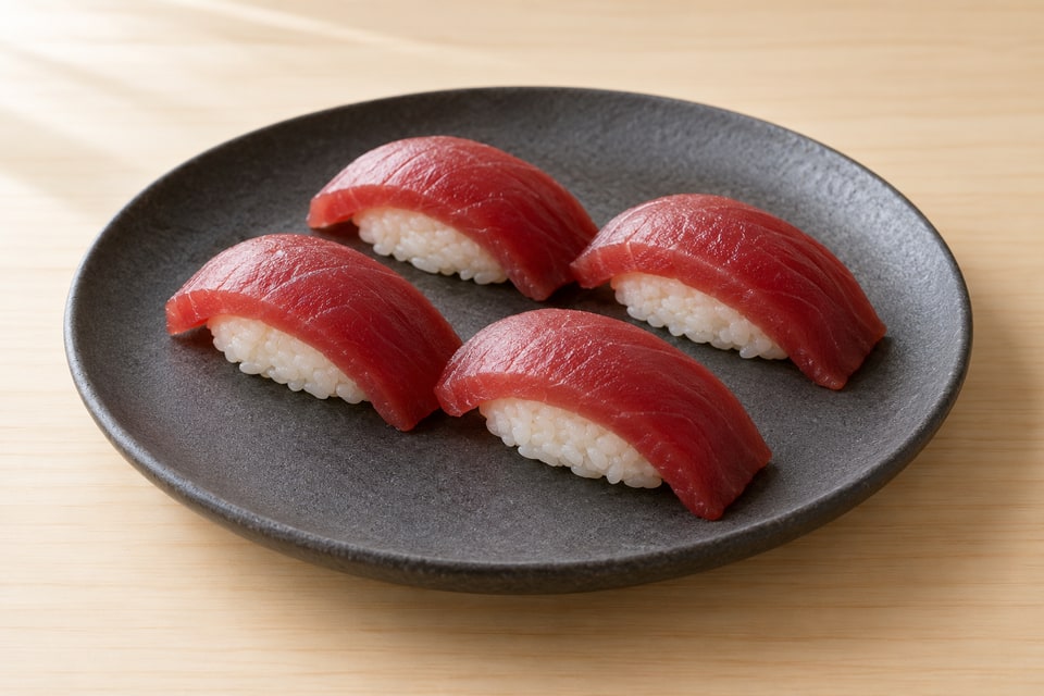 Lean raw tuna nigiri with clean ruby-red slices draped over small rice bases. — AI recipe illustration