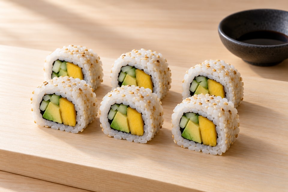 Mango, avocado and cucumber inside sesame-covered rice-outside rolls. — AI recipe illustration