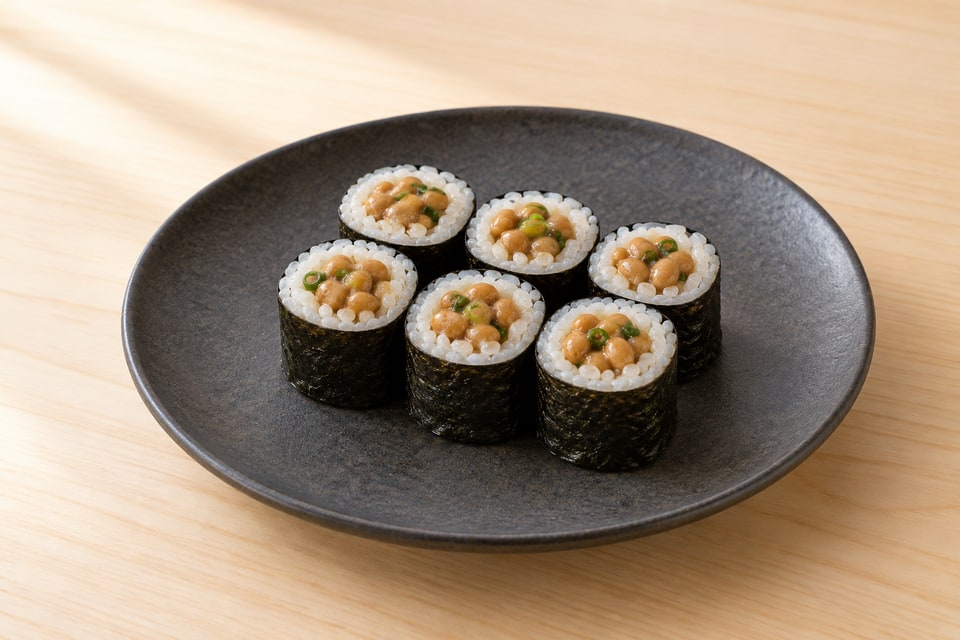 Natto maki with whole fermented soybeans and fine scallion inside nori-wrapped rice. — AI recipe illustration