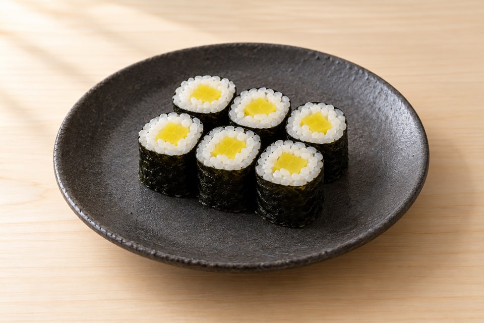 Oshinko maki with crisp yellow pickled radish inside a white rice and nori border. — AI recipe illustration
