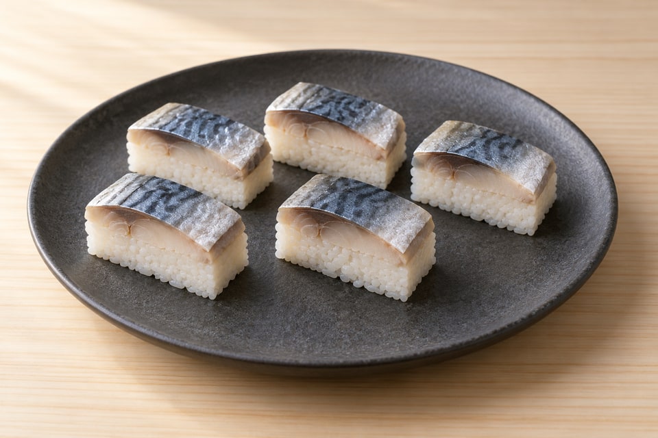 Rectangular pressed mackerel sushi with silvery shime-saba topping and softly pressed rice. — AI recipe illustration