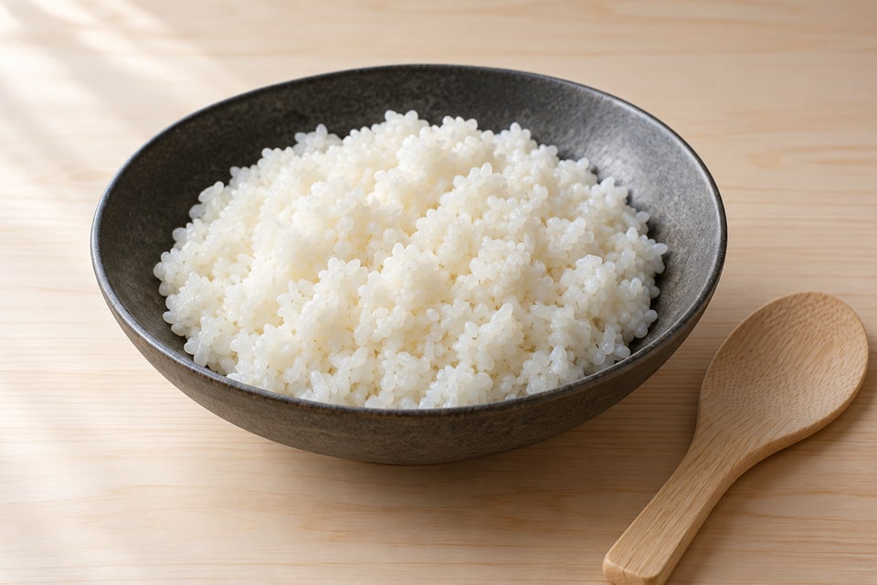Glossy seasoned short-grain sushi rice with distinct grains in a broad charcoal bowl. — AI recipe illustration