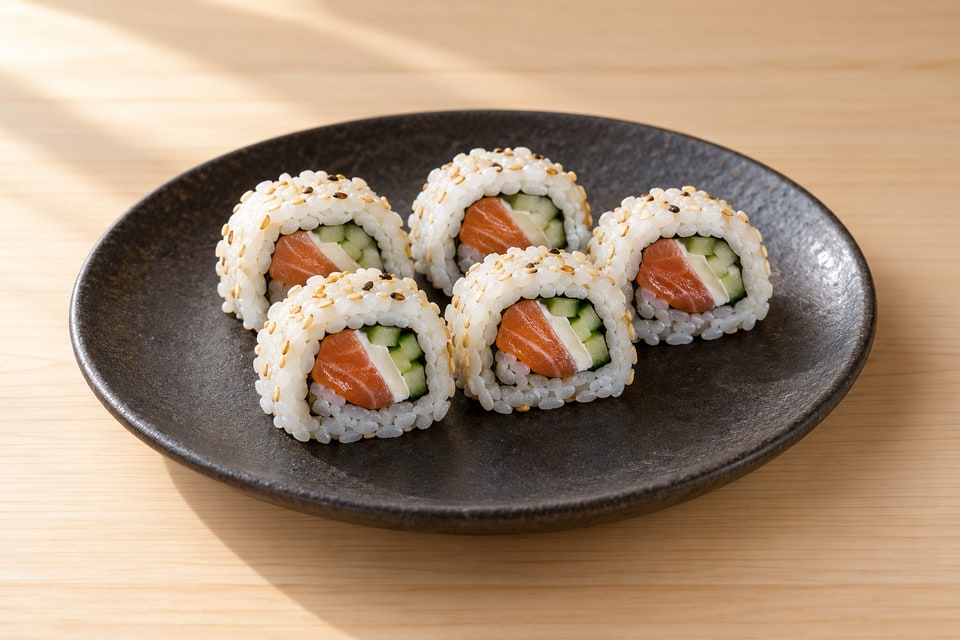 Philadelphia roll pieces showing raw salmon, cream cheese and cucumber inside sesame rice. — AI recipe illustration