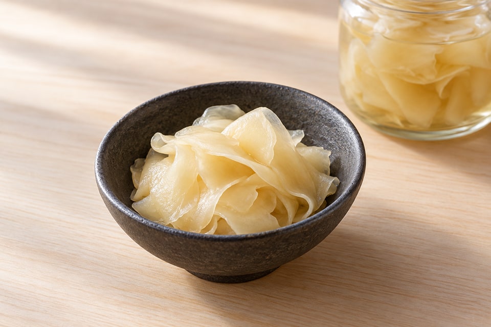 Thin pale-gold pickled ginger ribbons in a charcoal bowl with clear brine. — AI recipe illustration