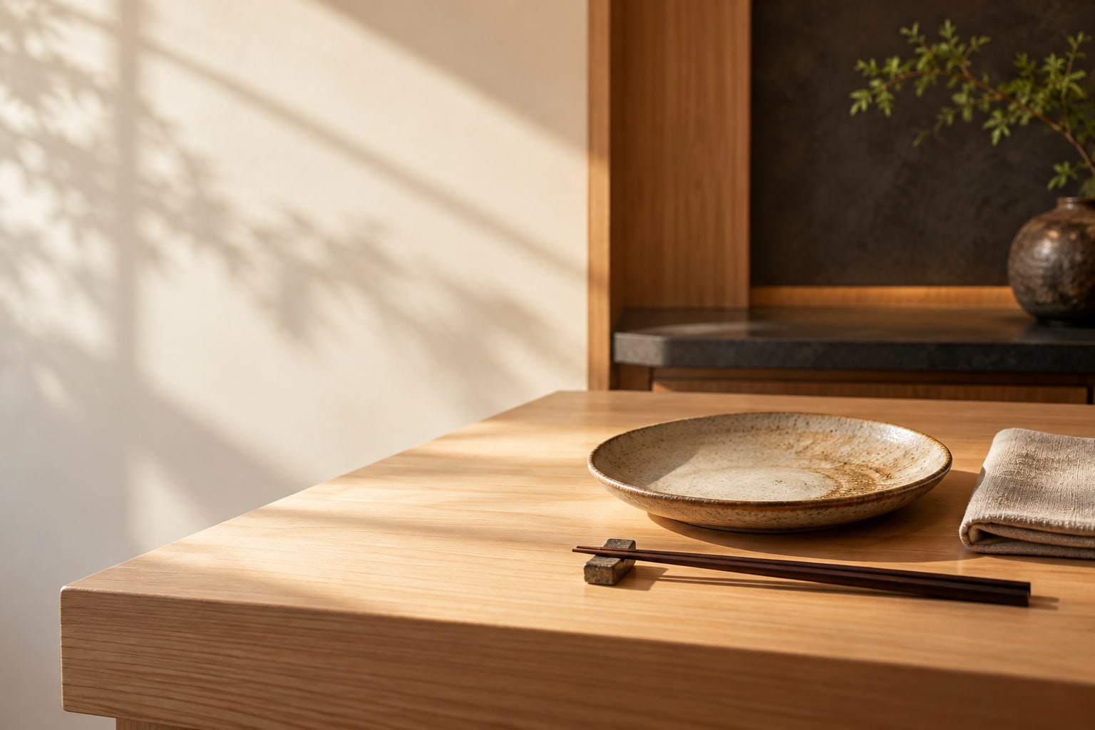 Empty ash-glazed plate, hinoki wood and linen — AI material illustration