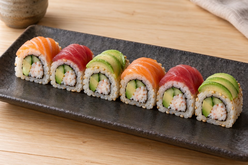 AI illustration of rice-outside rainbow roll with cooked crab, cucumber and avocado filling, topped with salmon, tuna and avocado. — AI recipe illustration