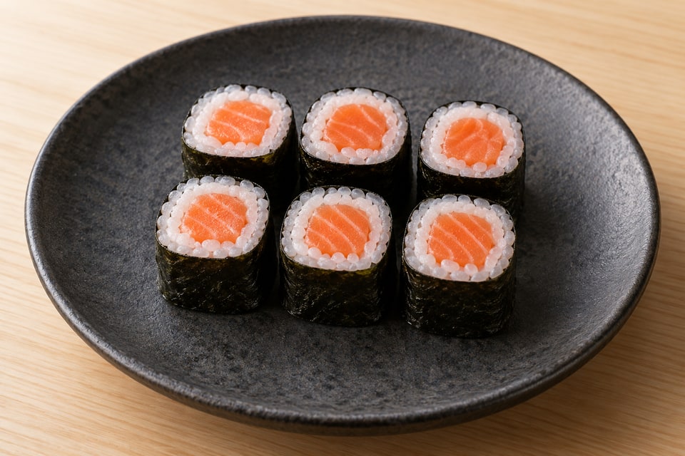 AI illustration of small nori-outside salmon hosomaki, with a thin rice layer and raw salmon center. — AI recipe illustration