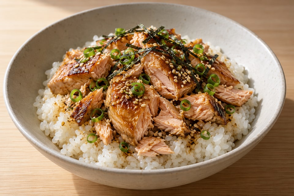 AI illustration of fully cooked salmon donburi over seasoned rice, with a light glaze, scallion, sesame and nori. — AI recipe illustration