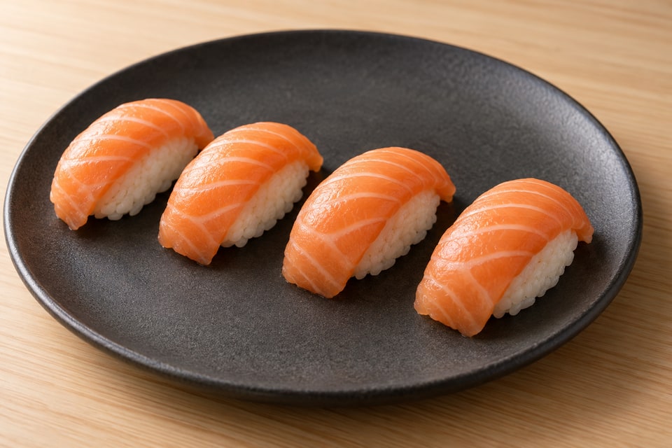 AI illustration of four plain raw salmon nigiri with thin flexible toppings over gently shaped sushi rice. — AI recipe illustration