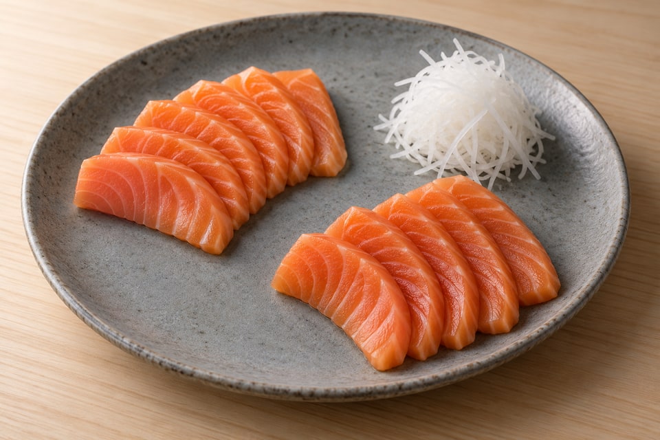 AI illustration of raw salmon sashimi in two shallow fans beside a small drained daikon nest, without rice. — AI recipe illustration