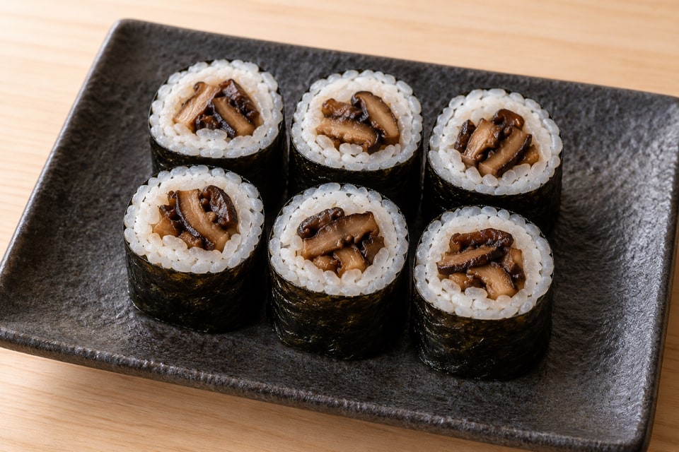 AI illustration of nori-outside hosomaki with thin rice and drained simmered shiitake strips. — AI recipe illustration