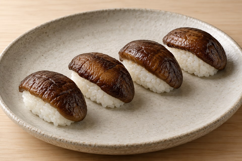AI illustration of four marinated shiitake caps draped over softly shaped sushi-rice bases. — AI recipe illustration
