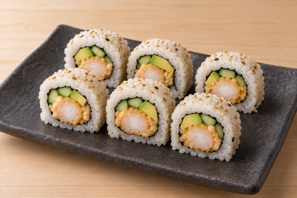 AI illustration of rice-outside tempura shrimp rolls with cooked shrimp, cucumber, avocado and restrained sesame. — AI recipe illustration