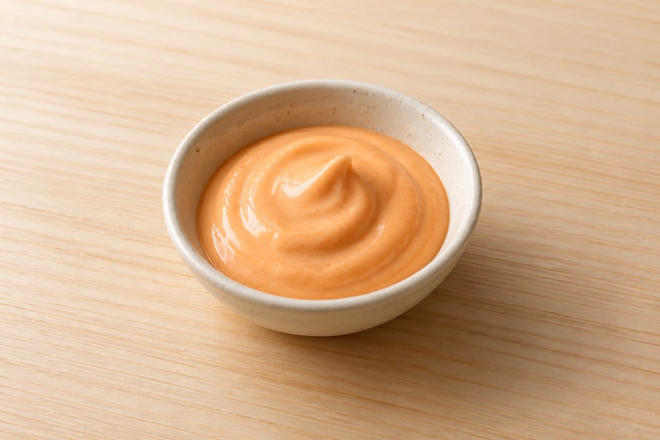 AI illustration of smooth pale coral spicy mayonnaise in a small ivory ceramic bowl. — AI recipe illustration