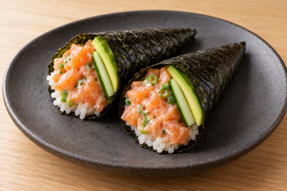 AI illustration of small nori hand rolls with lightly dressed raw salmon, scallion, cucumber and avocado. — AI recipe illustration
