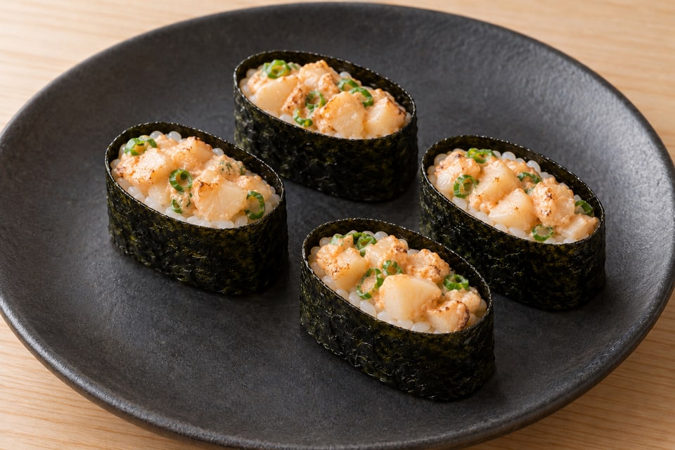 AI illustration of shallow nori gunkan with fully cooked scallop pieces, light spicy mayonnaise and scallion. — AI recipe illustration