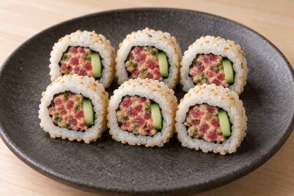 AI illustration of rice-outside spicy tuna rolls with finely chopped raw tuna, scallion and seedless cucumber. — AI recipe illustration