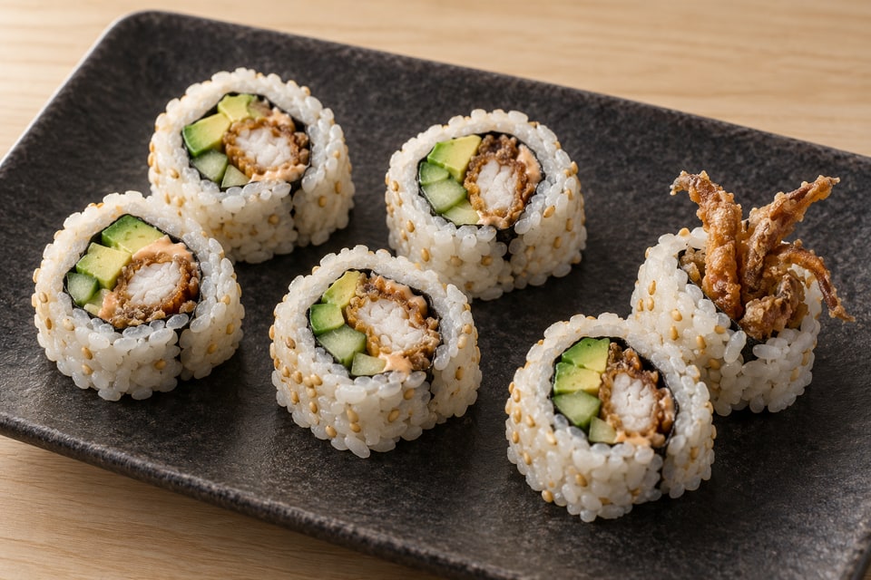 AI illustration of rice-outside soft-shell crab rolls with cooked golden crab, cucumber, avocado and modest projecting leg ends. — AI recipe illustration