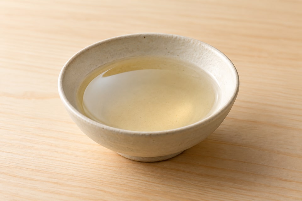 AI illustration of clear dissolved sushi-vinegar seasoning in a small ivory ceramic bowl. — AI recipe illustration