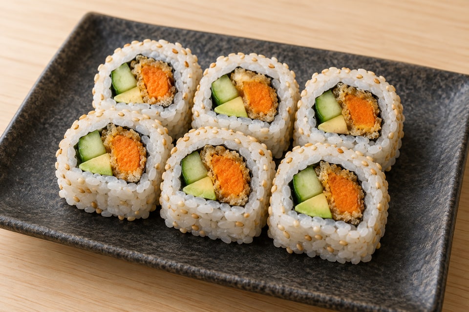 AI illustration of rice-outside sweet-potato tempura rolls with orange cooked sweet potato, cucumber and avocado. — AI recipe illustration