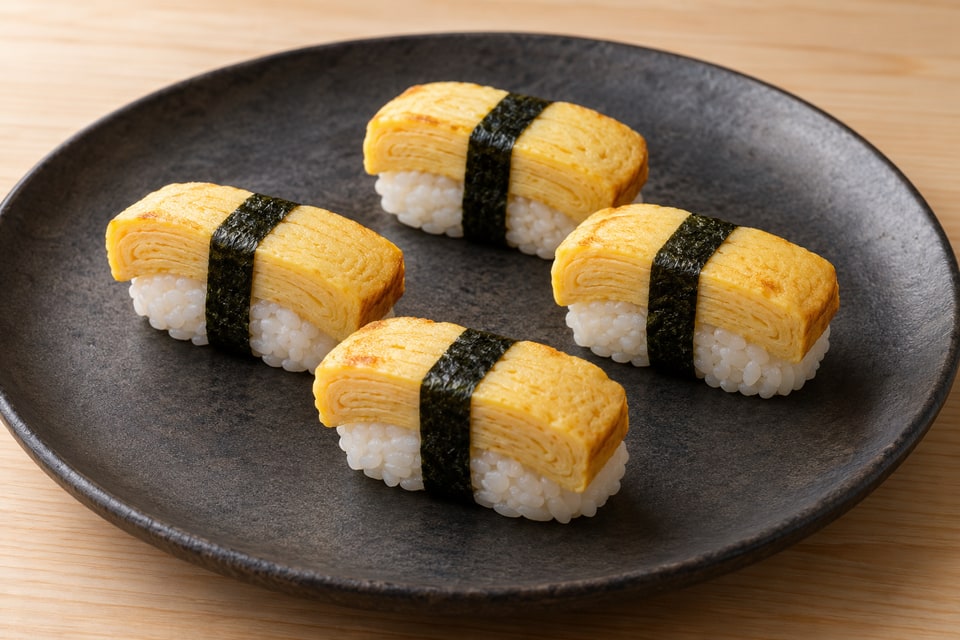 AI illustration of sweet layered omelet nigiri secured to sushi-rice bases with narrow centered nori belts. — AI recipe illustration