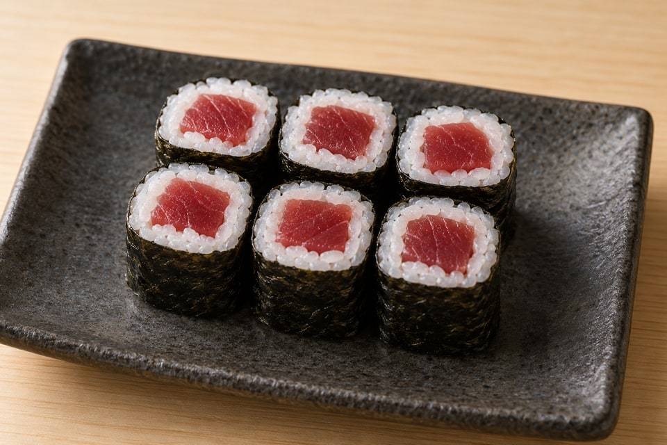AI illustration of small nori-outside tuna hosomaki with a thin rice ring and lean raw red tuna center. — AI recipe illustration