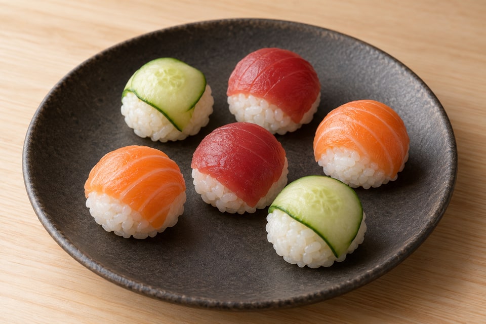 AI illustration of small temari sushi rounds with separate raw salmon, raw tuna and thin cucumber toppings. — AI recipe illustration