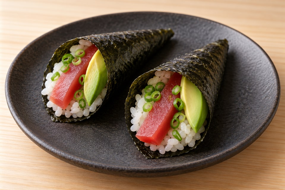AI illustration of small nori cones filled with plain raw tuna, firm-ripe avocado and finely sliced scallion. — AI recipe illustration