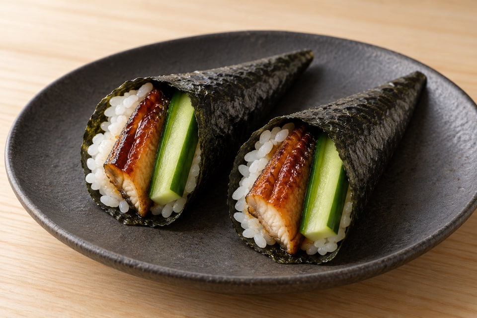 AI illustration of small nori cones with fully cooked glazed eel and seedless cucumber over soft sushi rice. — AI recipe illustration