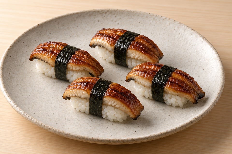 AI illustration of four fully cooked glazed freshwater-eel nigiri secured with narrow centered nori belts. — AI recipe illustration