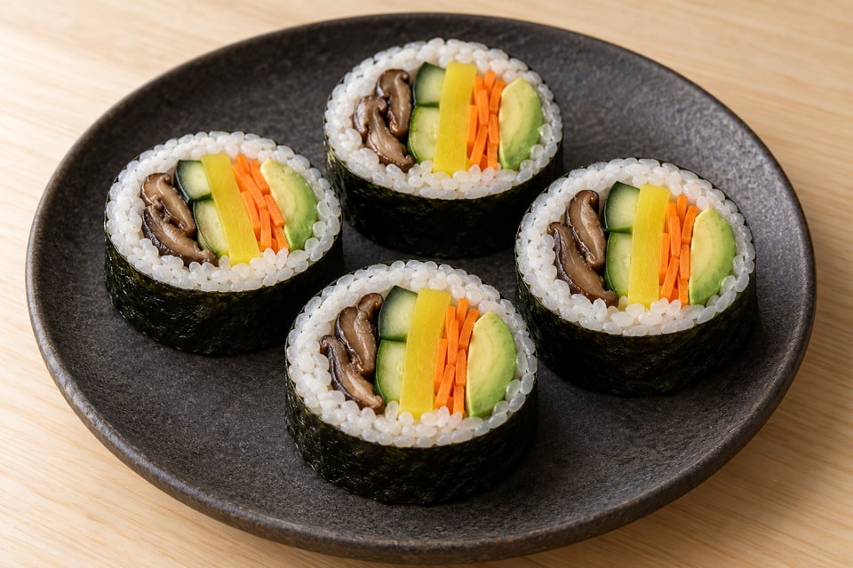 AI illustration of nori-outside vegetable futomaki showing shiitake, cucumber, pickled radish, carrot and avocado. — AI recipe illustration