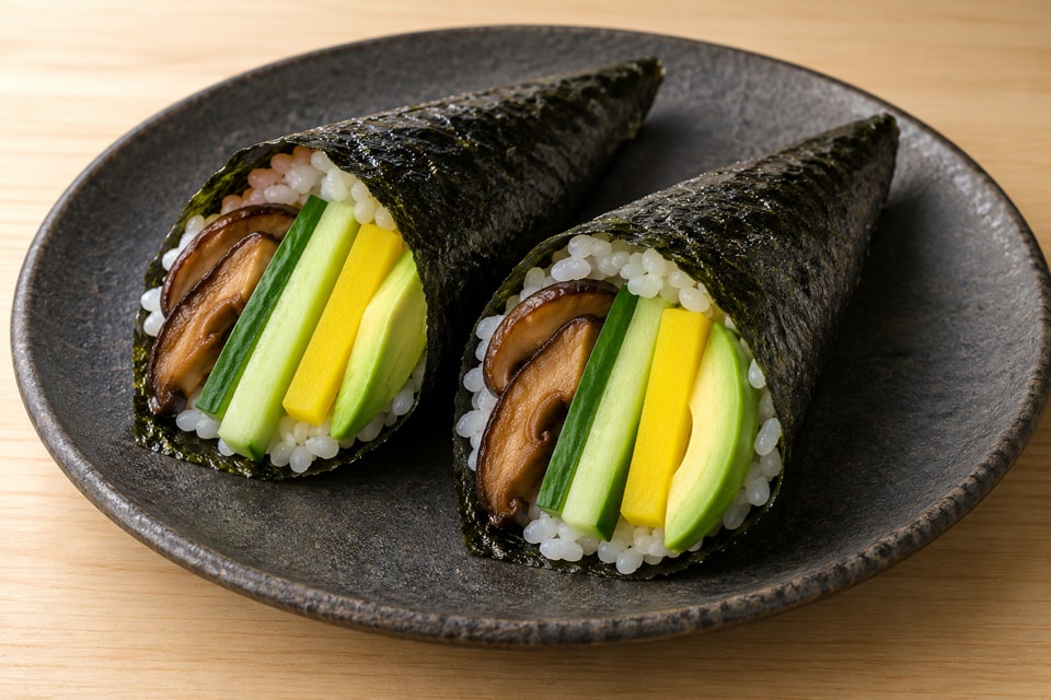 AI illustration of small nori cones containing cooked shiitake, cucumber, pickled radish and avocado. — AI recipe illustration