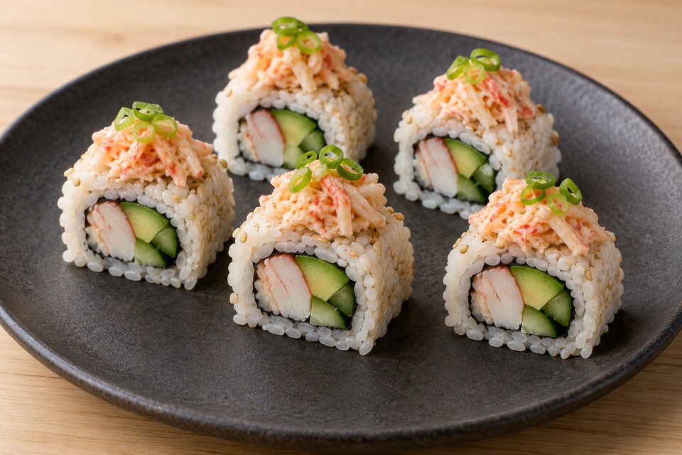 AI illustration of rice-outside cooked-crab volcano rolls topped with small spoonfuls of warm spicy shredded crab and scallion. — AI recipe illustration